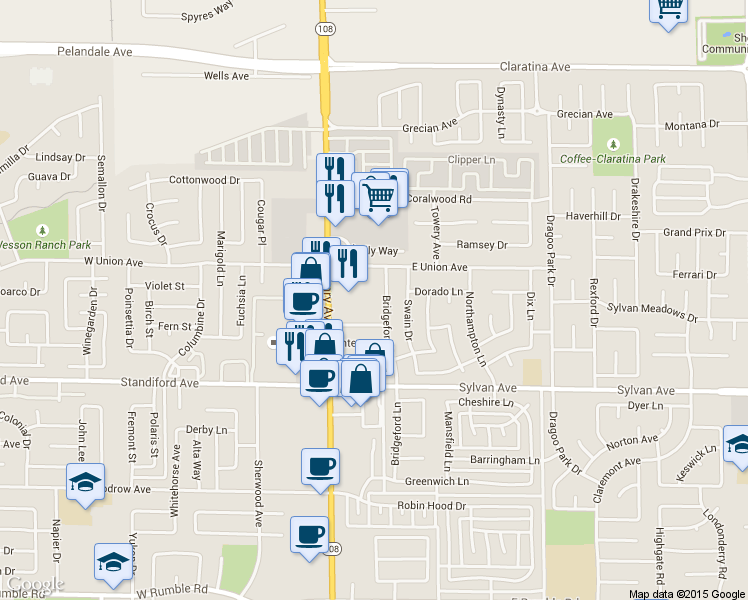 map of restaurants, bars, coffee shops, grocery stores, and more near 3700 McHenry Avenue in Modesto