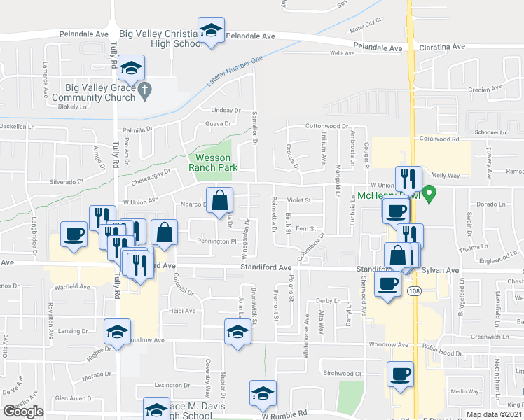 map of restaurants, bars, coffee shops, grocery stores, and more near 800 Canelli Circle in Modesto