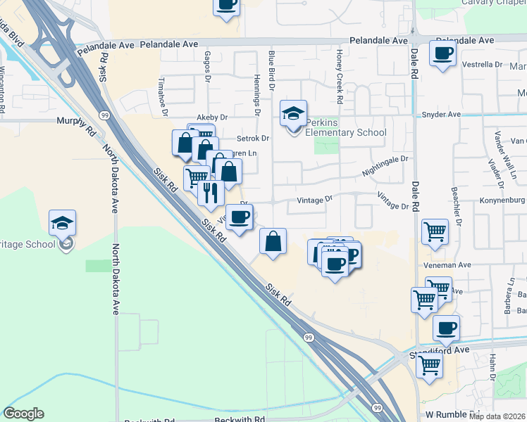 map of restaurants, bars, coffee shops, grocery stores, and more near 3633 Blue Bird Drive in Modesto