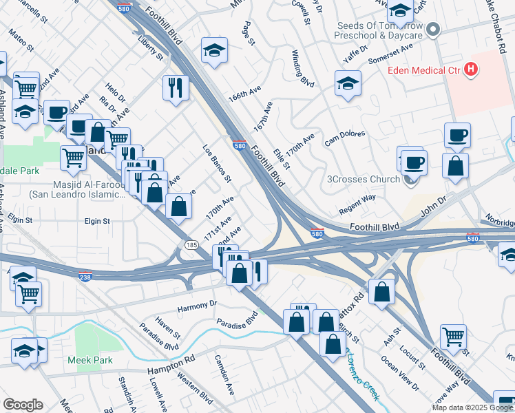 map of restaurants, bars, coffee shops, grocery stores, and more near 17225 Santa Fe Street in Hayward