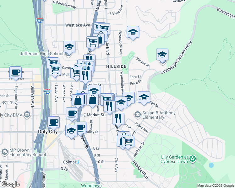 map of restaurants, bars, coffee shops, grocery stores, and more near 499 Castle Street in Daly City