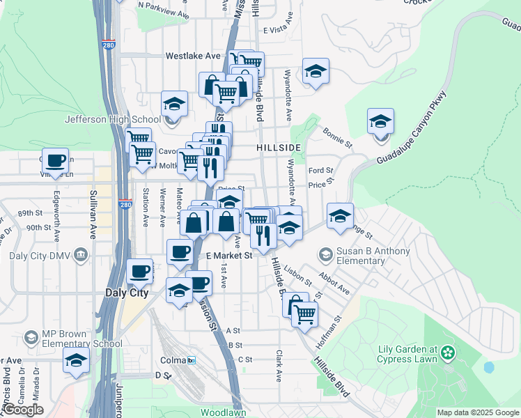 map of restaurants, bars, coffee shops, grocery stores, and more near 899 Hillside Boulevard in Daly City