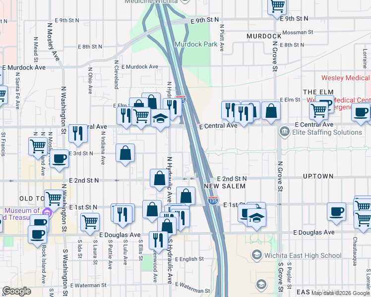 map of restaurants, bars, coffee shops, grocery stores, and more near 1818 E 3rd Street North in Wichita