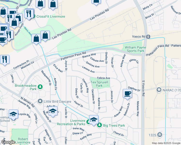 map of restaurants, bars, coffee shops, grocery stores, and more near 5333 Lenore Avenue in Livermore