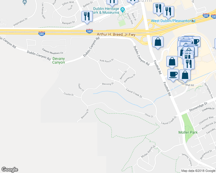 map of restaurants, bars, coffee shops, grocery stores, and more near 9418 Blessing Drive in Pleasanton