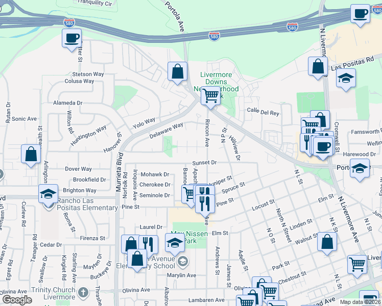 map of restaurants, bars, coffee shops, grocery stores, and more near 1275 Nice Court in Livermore
