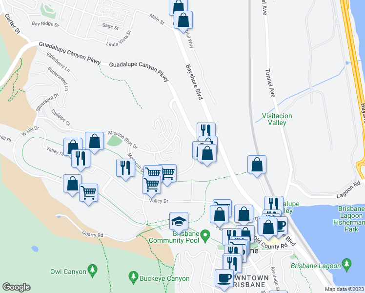 map of restaurants, bars, coffee shops, grocery stores, and more near 134 Cliff Swallow Court in Brisbane