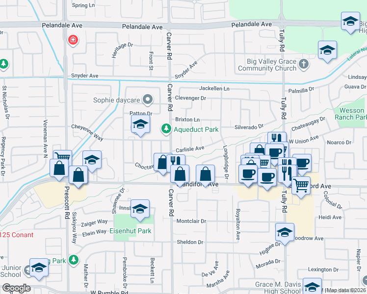 map of restaurants, bars, coffee shops, grocery stores, and more near 1625 Carlisle Avenue in Modesto