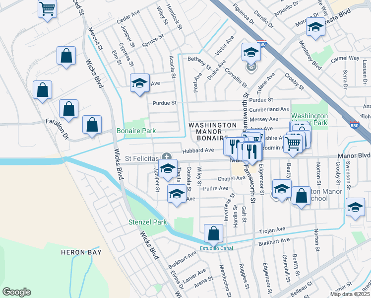 map of restaurants, bars, coffee shops, grocery stores, and more near 1481 Boxwood Avenue in San Leandro