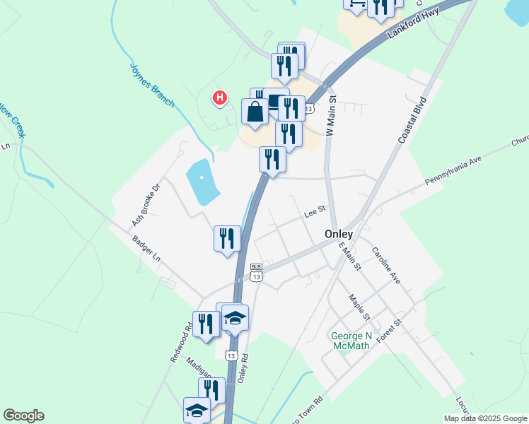 map of restaurants, bars, coffee shops, grocery stores, and more near 25344 Virginia Avenue in Onley