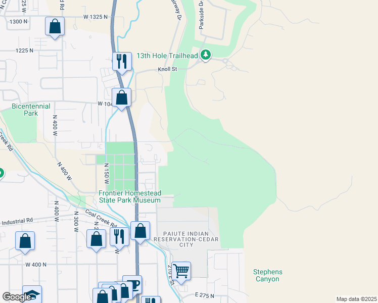 map of restaurants, bars, coffee shops, grocery stores, and more near 263 East Cedar Ridge Circle in Cedar City