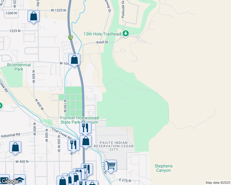 map of restaurants, bars, coffee shops, grocery stores, and more near 263 East Cedar Ridge Circle in Cedar City