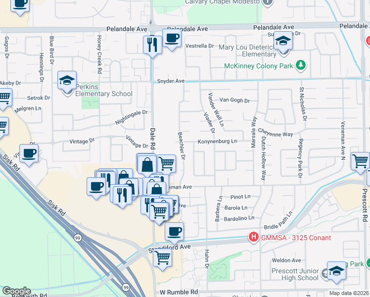 map of restaurants, bars, coffee shops, grocery stores, and more near 3700 Beachler Drive in Modesto