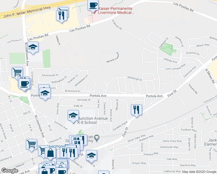 map of restaurants, bars, coffee shops, grocery stores, and more near 3265 Edinburgh Drive in Livermore
