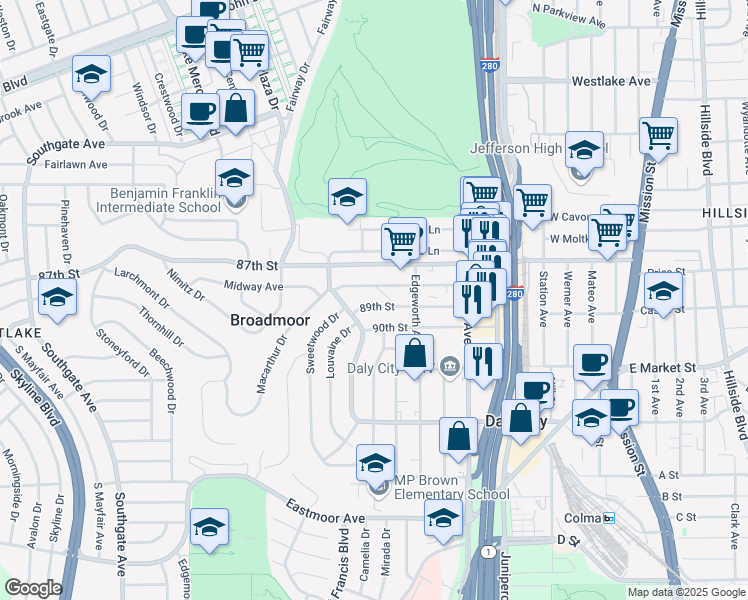 map of restaurants, bars, coffee shops, grocery stores, and more near 442 89th Street in Daly City