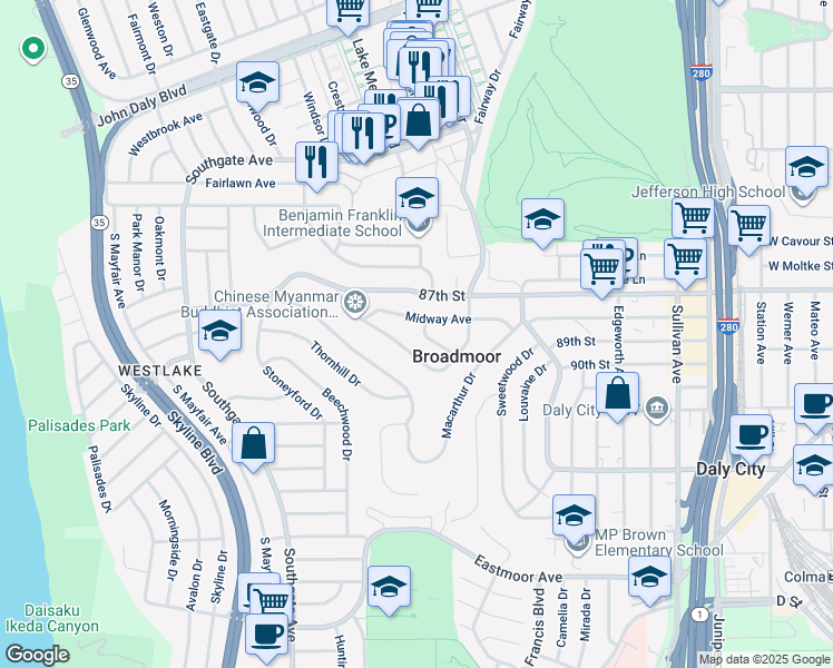 map of restaurants, bars, coffee shops, grocery stores, and more near 635 Manila Way in Daly City