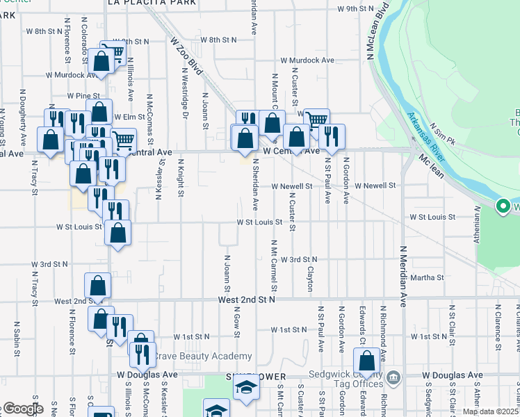 map of restaurants, bars, coffee shops, grocery stores, and more near 522 North Sheridan Street in Wichita