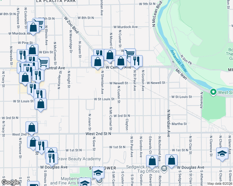 map of restaurants, bars, coffee shops, grocery stores, and more near 523 North Custer in Wichita