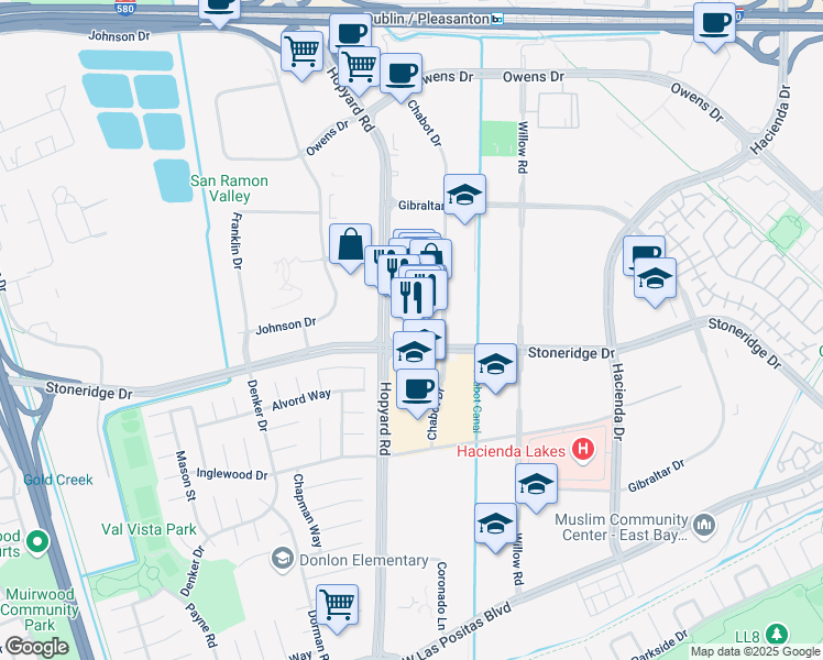 map of restaurants, bars, coffee shops, grocery stores, and more near 4825 Hopyard Road in Pleasanton