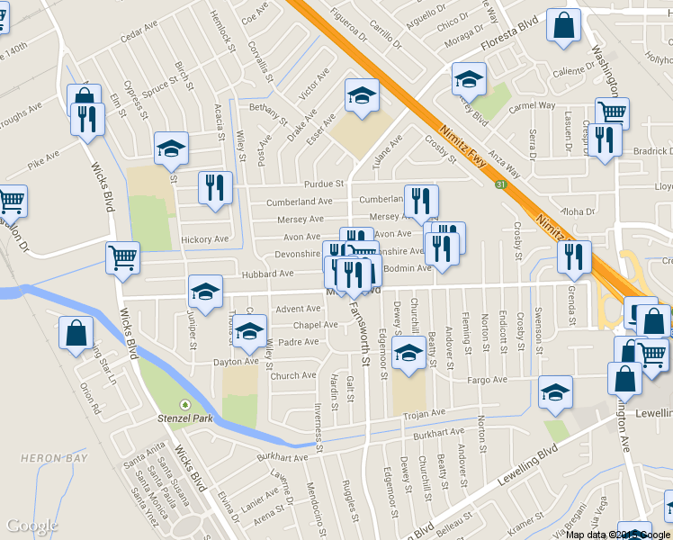 map of restaurants, bars, coffee shops, grocery stores, and more near 1280 Hubbard Ave in San Leandro