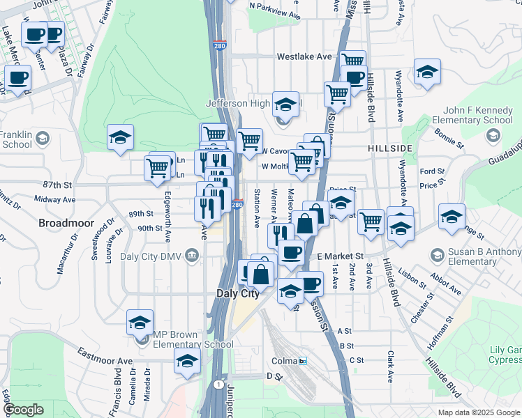 map of restaurants, bars, coffee shops, grocery stores, and more near 175 Station Avenue in Daly City
