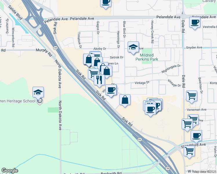 map of restaurants, bars, coffee shops, grocery stores, and more near 3654 Vintage Drive in Modesto