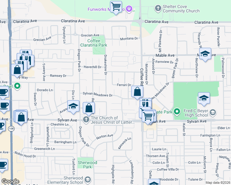 map of restaurants, bars, coffee shops, grocery stores, and more near 3607 Sylvan Meadows Court in Modesto