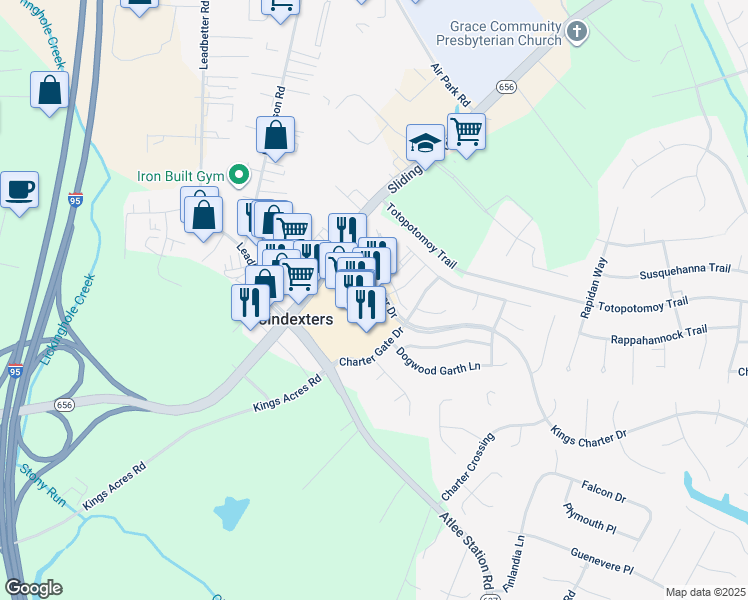 map of restaurants, bars, coffee shops, grocery stores, and more near 9541 Kings Charter Drive in Ashland