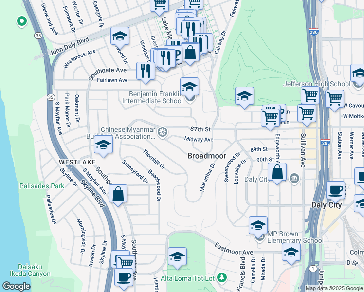 map of restaurants, bars, coffee shops, grocery stores, and more near 635 Manila Way in Daly City