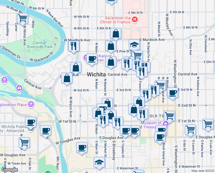map of restaurants, bars, coffee shops, grocery stores, and more near 402 North Market Street in Wichita