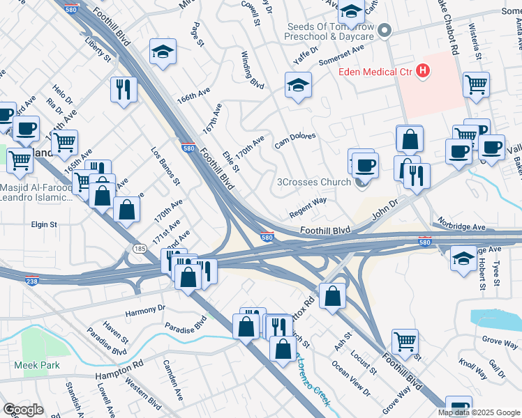 map of restaurants, bars, coffee shops, grocery stores, and more near 17457 Ehle Street in Castro Valley