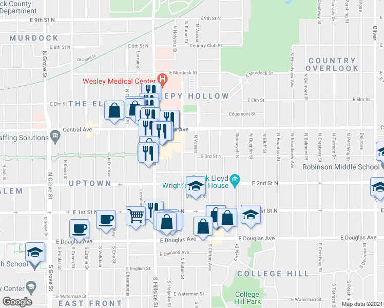 map of restaurants, bars, coffee shops, grocery stores, and more near 367 N Vassar in Wichita