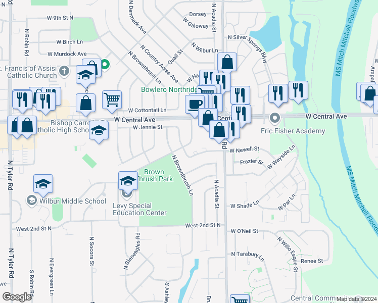 map of restaurants, bars, coffee shops, grocery stores, and more near 524 North Dunsworth Avenue in Wichita