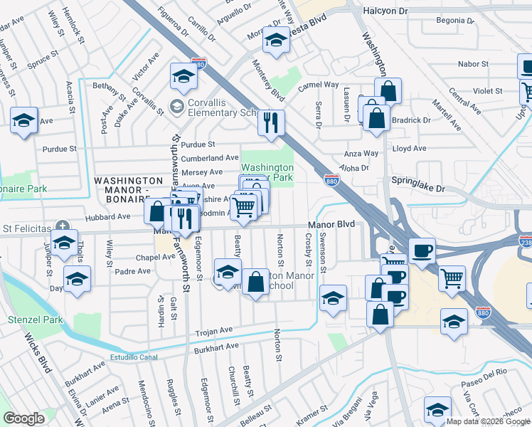map of restaurants, bars, coffee shops, grocery stores, and more near 903 Manor Boulevard in San Leandro