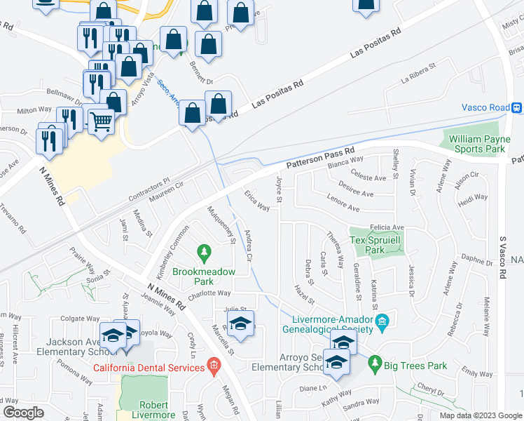 map of restaurants, bars, coffee shops, grocery stores, and more near 5069 Erica Way in Livermore