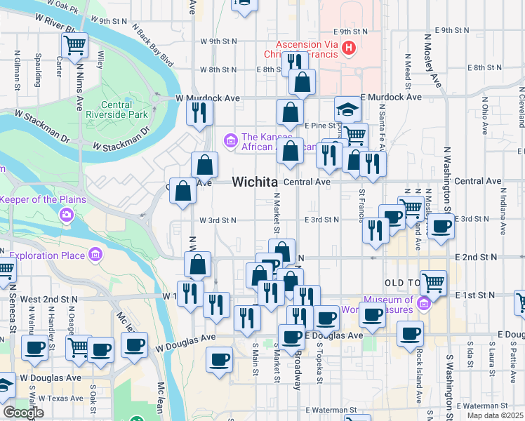 map of restaurants, bars, coffee shops, grocery stores, and more near 401 North Market Street in Wichita