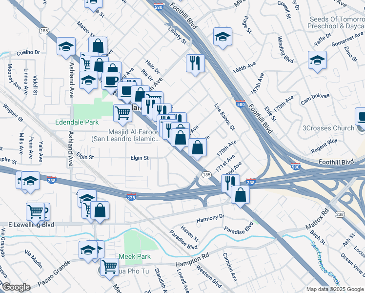map of restaurants, bars, coffee shops, grocery stores, and more near 16714 East 14th Street in San Leandro