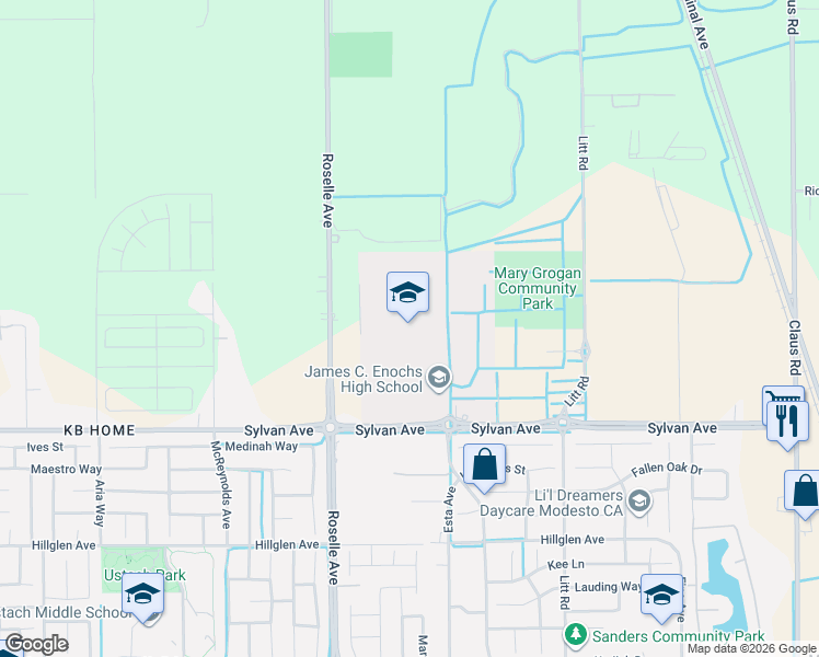 map of restaurants, bars, coffee shops, grocery stores, and more near 3201 Sylvan Avenue in Modesto