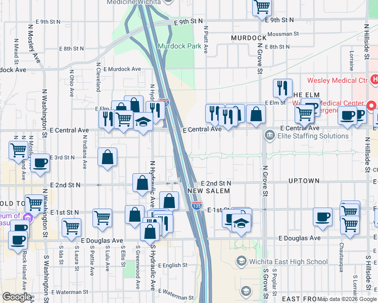 map of restaurants, bars, coffee shops, grocery stores, and more near 407 North Minnesota Avenue in Wichita