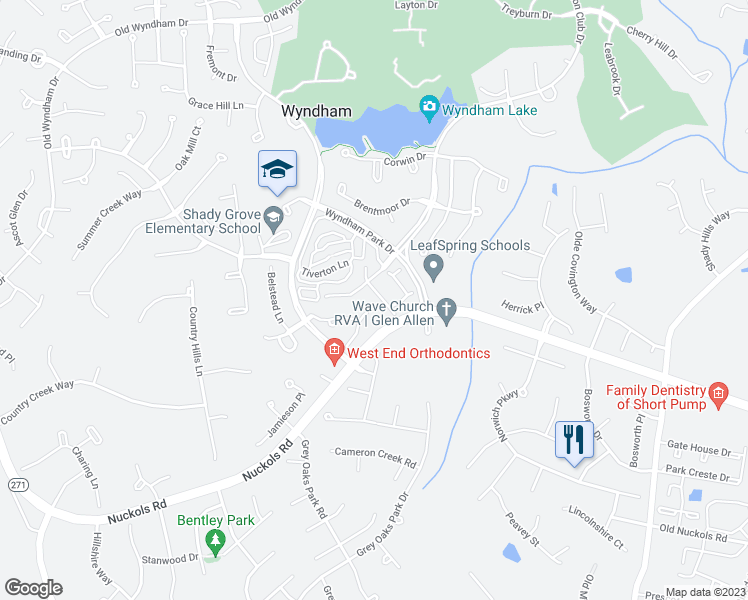map of restaurants, bars, coffee shops, grocery stores, and more near 5442 Fuller Drive in Glen Allen