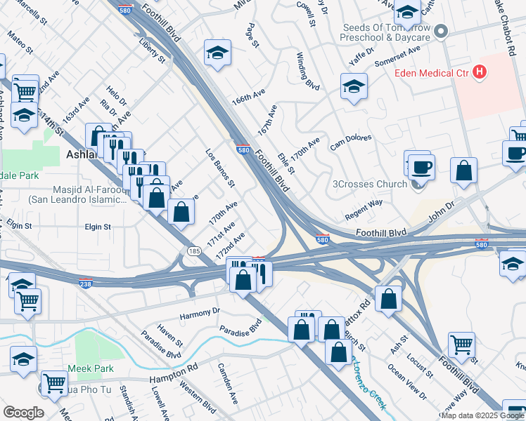 map of restaurants, bars, coffee shops, grocery stores, and more near 17225 Santa Fe Street in Hayward