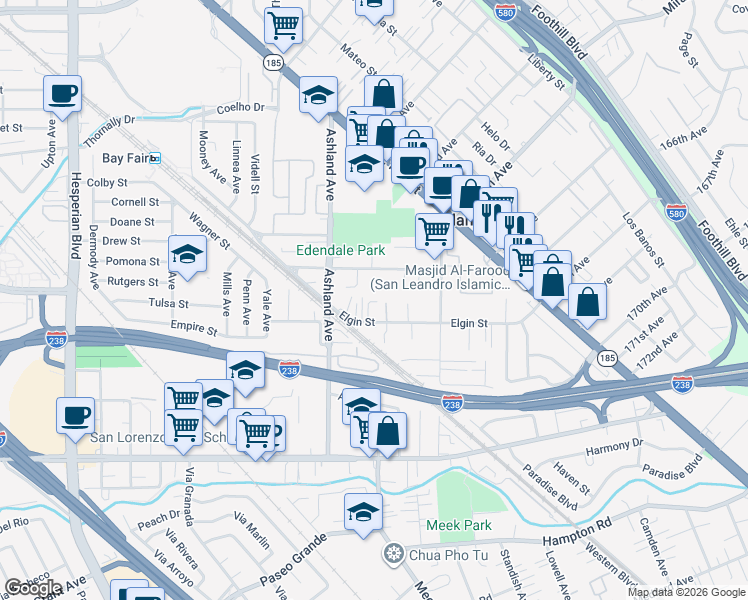 map of restaurants, bars, coffee shops, grocery stores, and more near 16370 Elgin Court in San Lorenzo
