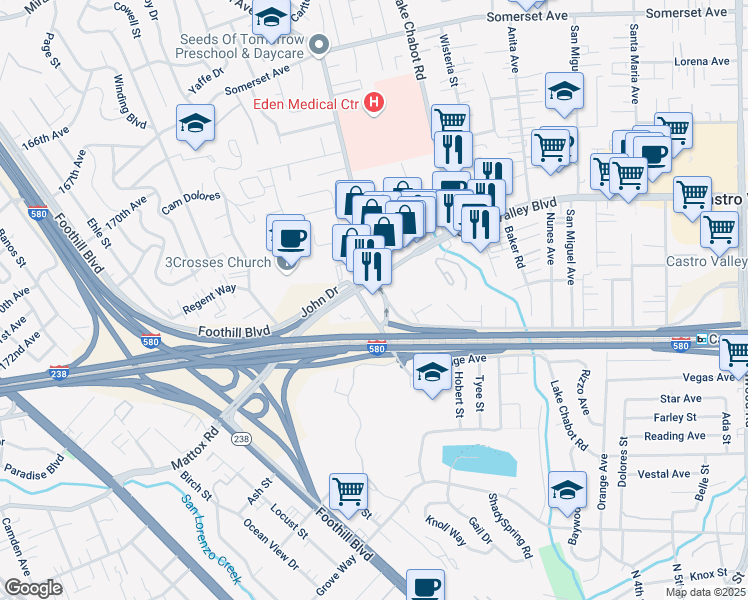 map of restaurants, bars, coffee shops, grocery stores, and more near 1620 Strobridge Avenue in Castro Valley