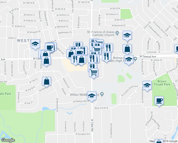 map of restaurants, bars, coffee shops, grocery stores, and more near 549 North Tyler Road in Wichita