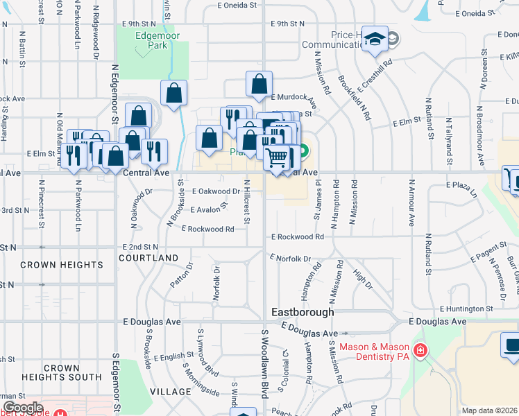 map of restaurants, bars, coffee shops, grocery stores, and more near 356 North Hillcrest Street in Wichita