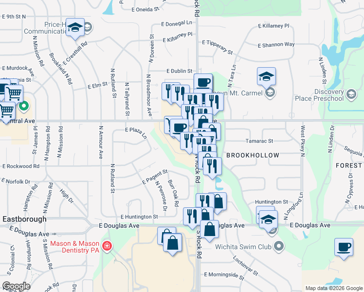 map of restaurants, bars, coffee shops, grocery stores, and more near 7703 East Central Avenue in Wichita