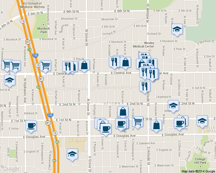 map of restaurants, bars, coffee shops, grocery stores, and more near 402 N Estelle St in Wichita