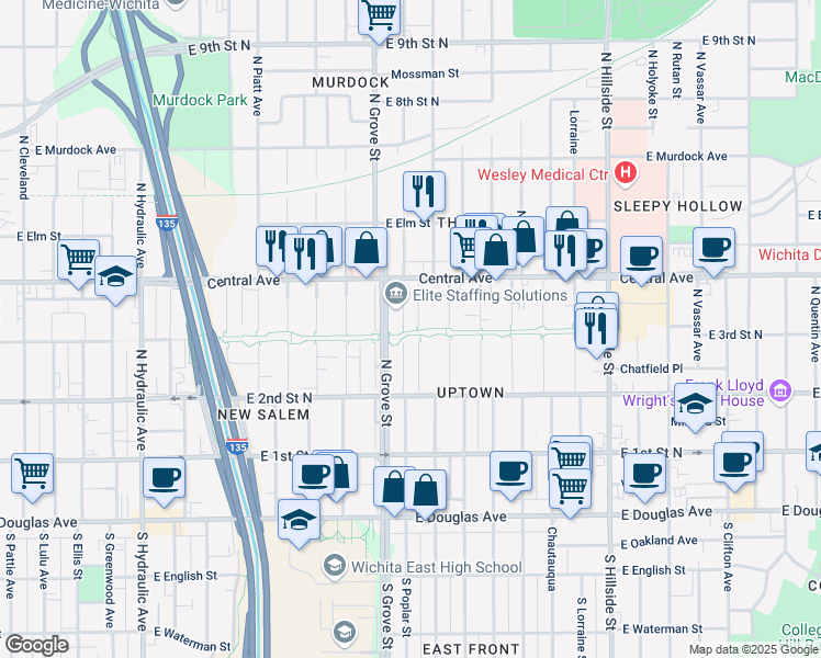 map of restaurants, bars, coffee shops, grocery stores, and more near 401 North Green Street in Wichita
