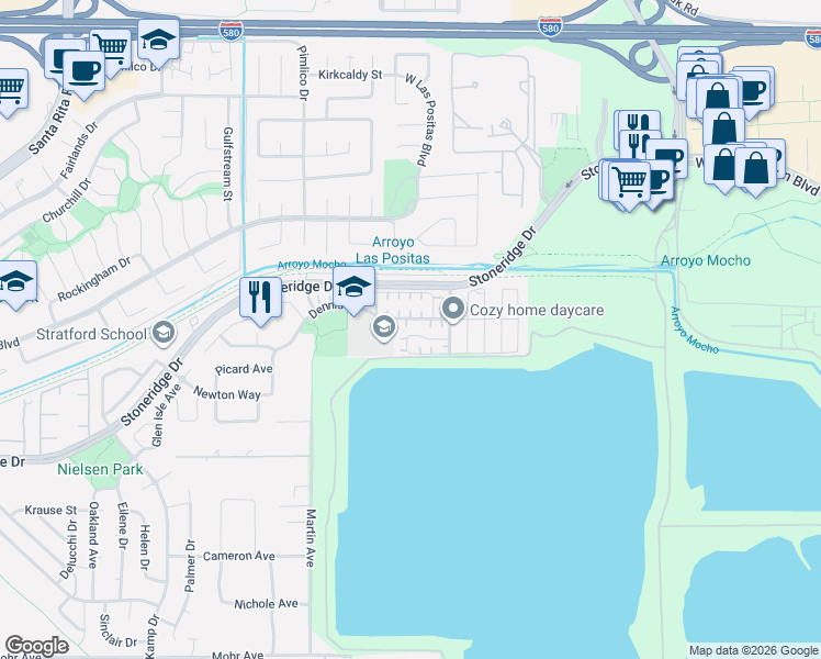 map of restaurants, bars, coffee shops, grocery stores, and more near 2730 Laursen Court in Pleasanton