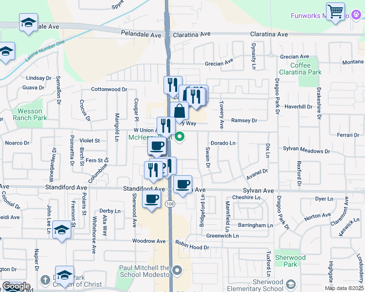 map of restaurants, bars, coffee shops, grocery stores, and more near 3700 McHenry Avenue in Modesto